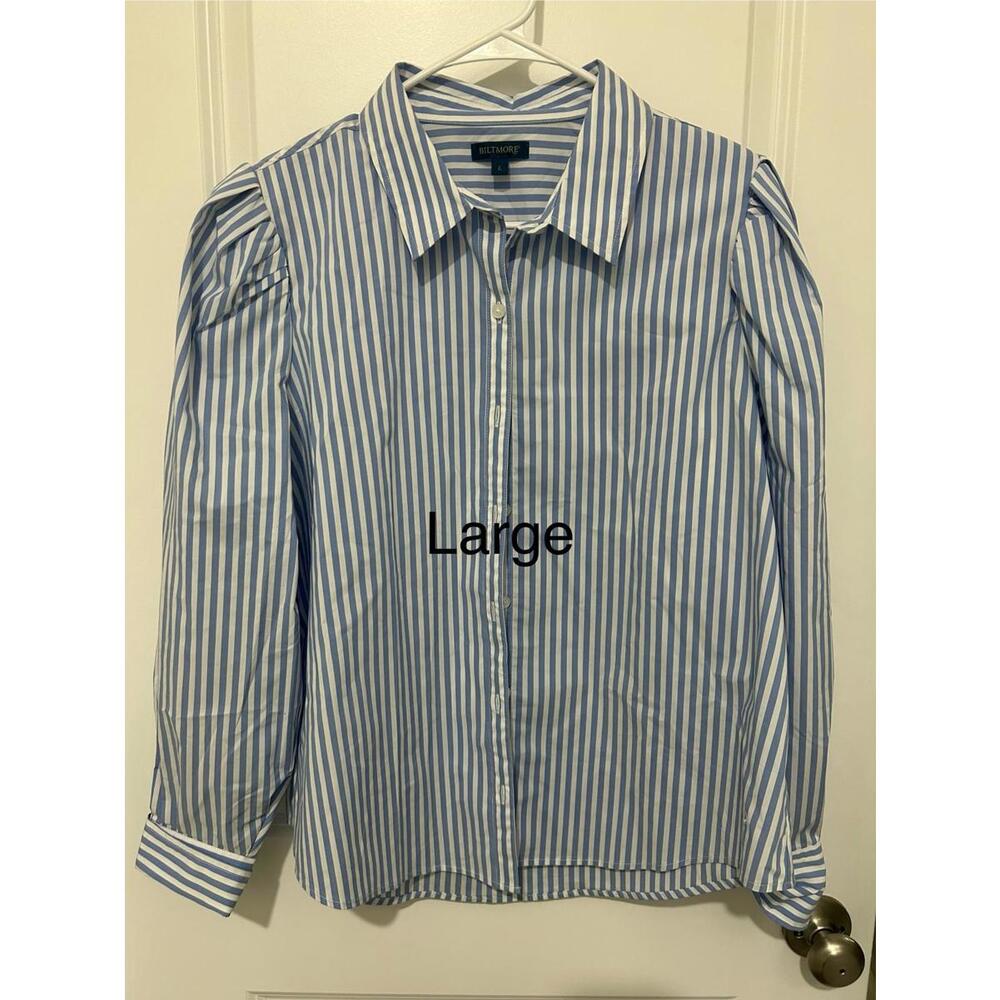 Biltmore Blue and White Striped‎ Button-Up Blouse, Size Large